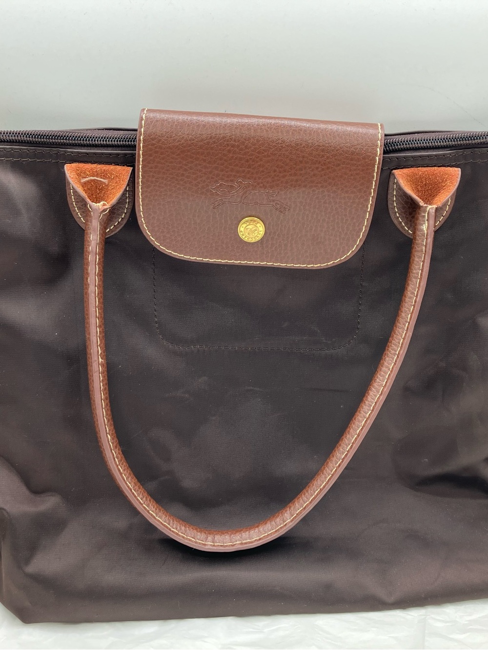 LONGCHAMP Classic Brown Nylon Tote Bag with Leather Trim